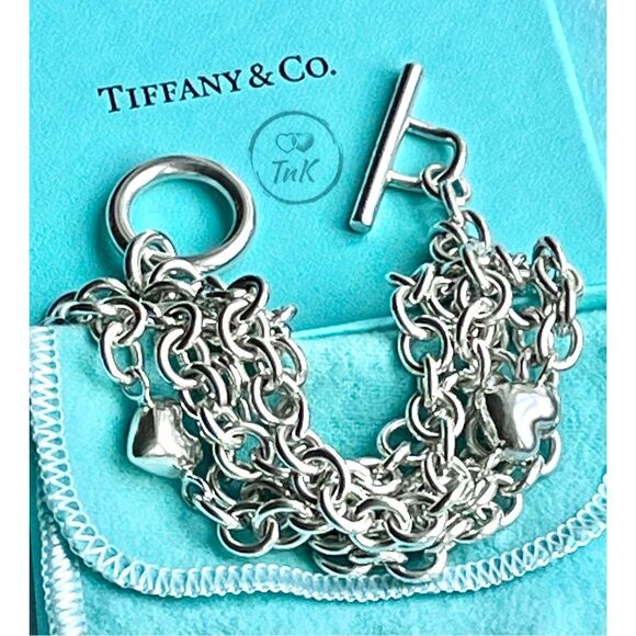 Vintage Tiffany & Co Puffed Heart Multi 5 Strand Chain Toggle Clasp Bracelet - Picture 2 of 13